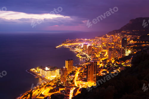 Preview: High angle view of Monte Carlo city lights at night, Monaco