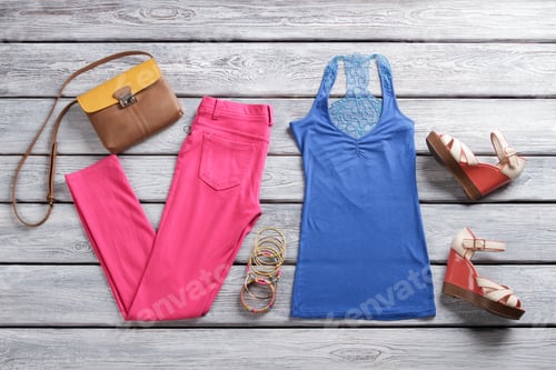 Preview: Blue top and pink pants.