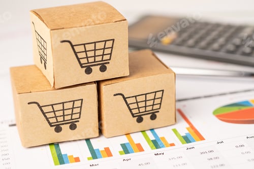 Preview: Shopping cart logo on box with calculator on graph background. Banking Account, Investment