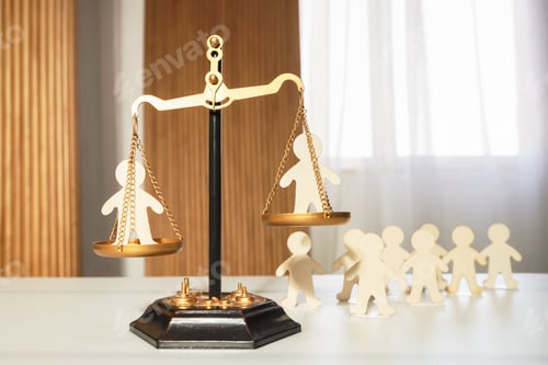 Preview: On the judge's scales, there are figures of people in each bowl, with a waiting