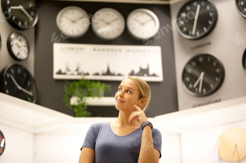 Preview: Woman looking on wall clocks
