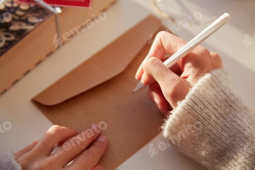 Preview: Female hand signs a festive envelope. Preparing for the Christmas holidays.