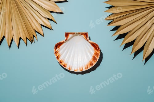 Preview: Scallop seashell on blue background with dry palm leaves
