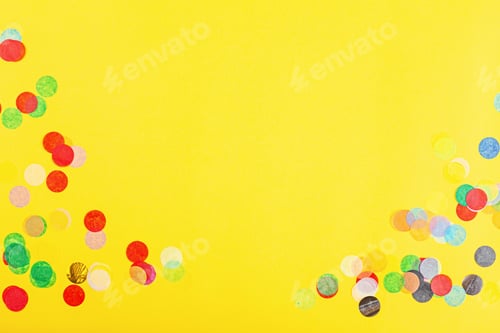 Preview: banner with confetti on yellow background, top view. Flat lay style. Mock up, template, overhead