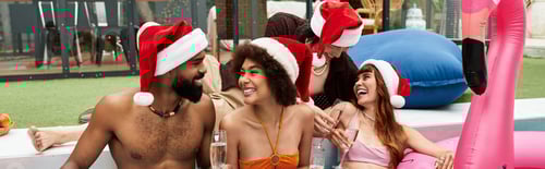 Preview: Friends have a joyful Christmas pool party surrounded by festive decorations and fun