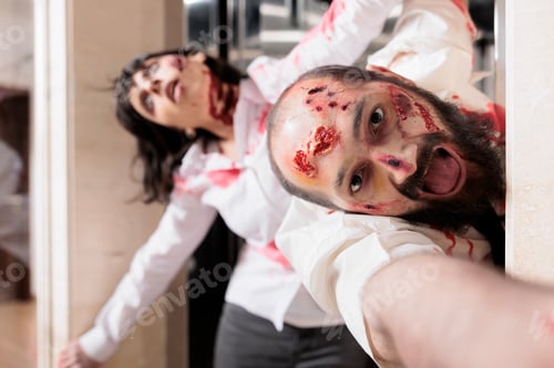 Preview: Employees goofing around in office building, dressed as zombies for Halloween