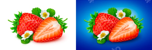 Preview: Strawberry isolated. Two strawberries with flowers and leaves isolated on white background
