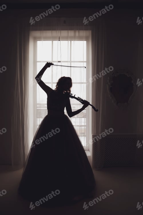 Preview: Pretty slender young woman with violin at window