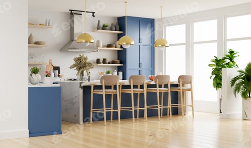 Preview: Modern kitchen interior with furniture.Stylish kitchen interior with white wall.