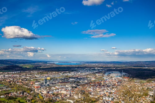 Preview: Bird's-eye view of the city of Singen against the backdrop of the Lake Constance