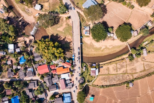 Preview: Top view of main bridge with river flowing through in local village at countryside