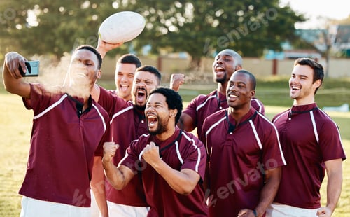 Preview: Sports, celebration and selfie of rugby team on field celebrating exercise goals, workout targets o