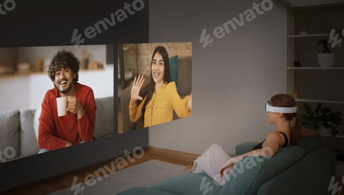 Preview: Woman In Headset Communicating With Friends Via Virtual Reality Indoors