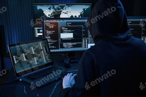 Preview: Young professional female hacker is indoors by computer with lot of information on displays