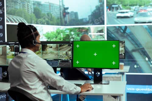 Preview: Indian specialist monitoring traffic surveillance next to a greenscreen display