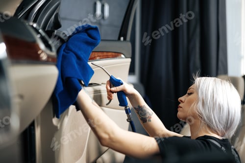 Preview: Woman cleaning car salon with polishing spray in car detailing service