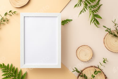 Preview: Wild nature beauty concept. Top view photo of empty wooden frame surrounded