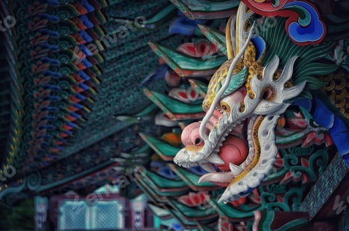 Preview: Selective focus of the colorful wooden dragon face on the Jangyu temple in Gimhae, South Korea