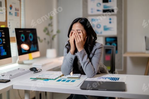 Preview: Tired and overworked business woman having a bad day at work