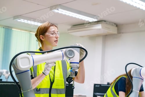 Preview: Woman engineer conducts robotics assembly in modern workspace
