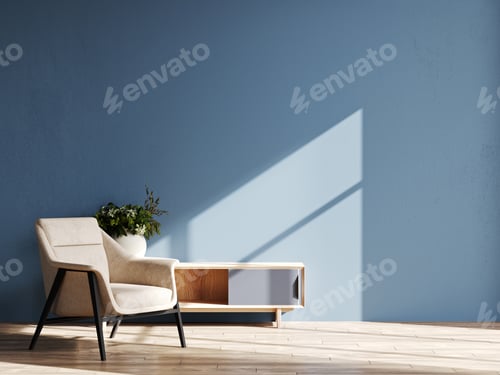 Preview: Livingroom in trend color 2023 year. Blue wall background with beige armchair. 3d render