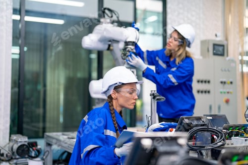 Preview: Two professional engineers or technician worker women help to check and maintenance robot
