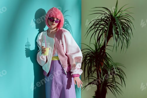 Preview: attractive fashionable girl in pink wig holding disposable cup with smoothie and looking away