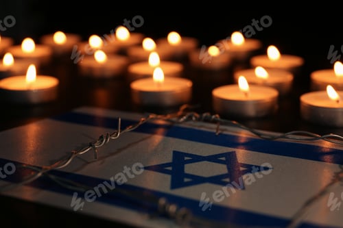 Preview: Flag of Israel, barbed wire and burning candles on black background. Holocaust memory day