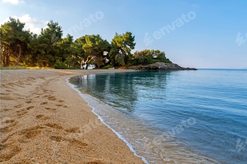 Preview: Landscape with deserted beach and clear water. Summer morning on