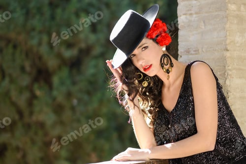 Preview: Woman wearing spanish hat and red carnations in her hair