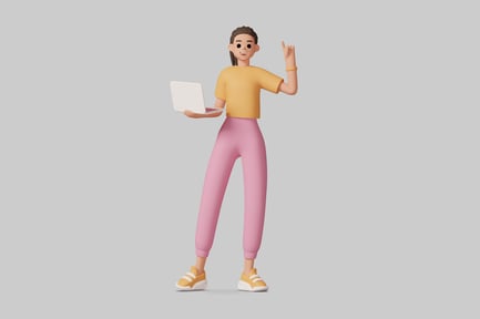 Preview: Woman holding a laptop and making a gesture.