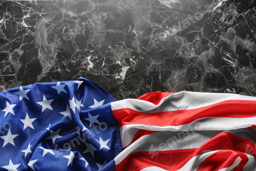 Preview: American flag on marble background, top view. Space for text