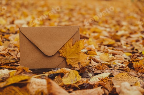Preview: Empty earth tones envelope mock up around Colorful falling autumn leaves. Template card. Golden tree