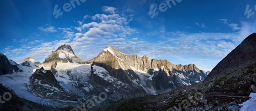 Preview: Panorama of a mountain ridge with Ober Gabelhorn and Dent Blanche peaks of Swiss Alps