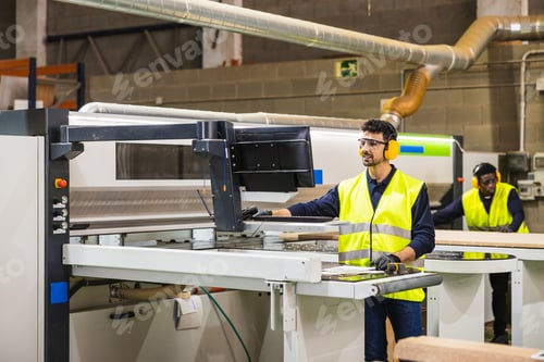 Preview: Workers operating machinery in woodworking factory production
