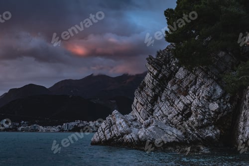 Preview: Sunset at the Sveti Stefan island in the Adriatic Sea, Montenegro