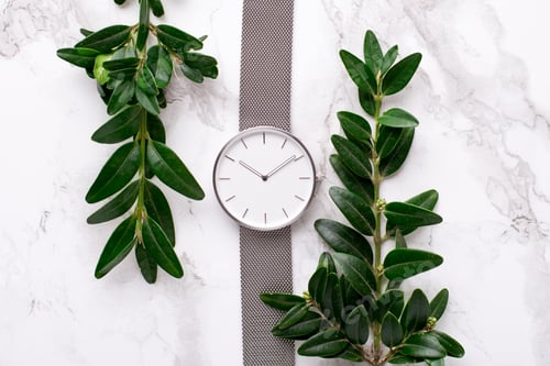 Preview: Clock with fresh greens on a marble background