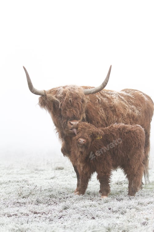 Preview: Highland cattle licking its cute baby in a snowy field