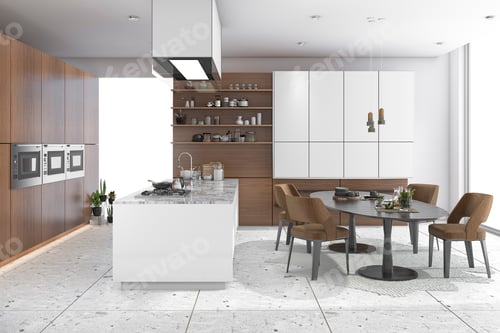 Preview: 3d rendering dining set in wood kitchen and living design