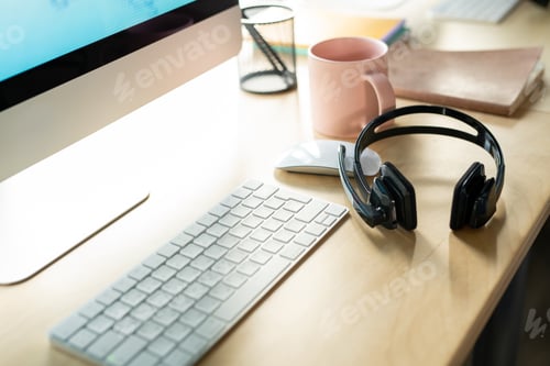 Preview: Workplace of contemporary customer support representative with supplies