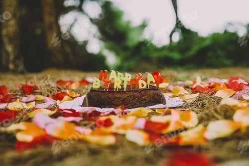 Visualização: Bolo de feliz aniversário com velas de letras na floresta