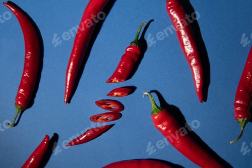 Preview: Red chili peppers on a cut. Top view. Flatlay.