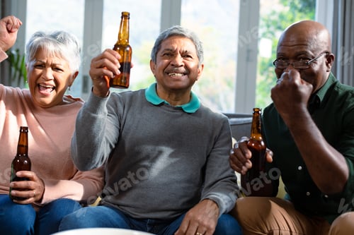 Preview: Two diverse senior couple and their african american friend watching tv and drinking beer