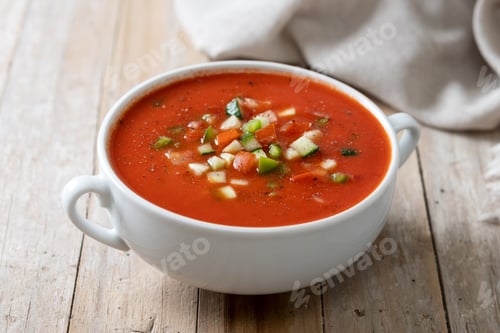 Preview: Traditional Spanish gazpacho soup in bowl on wooden table