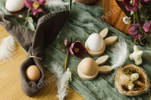 Preview: Stylish wooden bunny, spring flowers, natural eggs and napkin bunny ears on rustic table