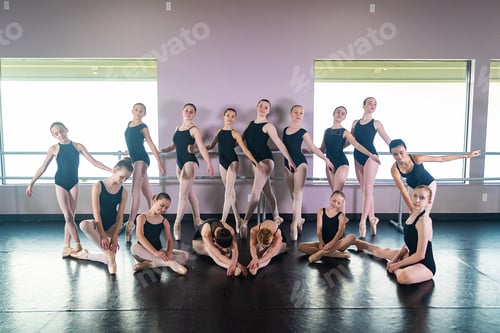 Preview: Large group of ballet dancers in studio