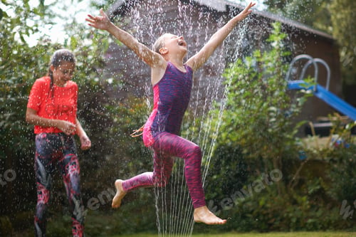 Preview: Girls jumping over garden sprinkler