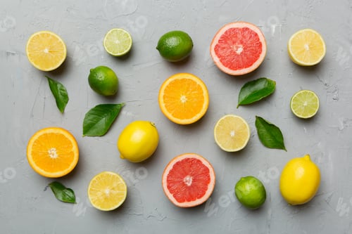Preview: Flat lay of citrus fruits like lime, orange and lemon with lemon tree leaves on light colored