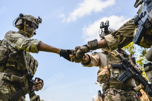 Preview: Squad of soldiers with teamwork stacking hands together