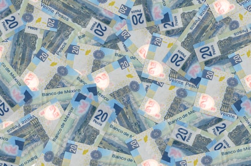 Preview: 20 Mexican pesos bills lies in big pile. Rich life conceptual background